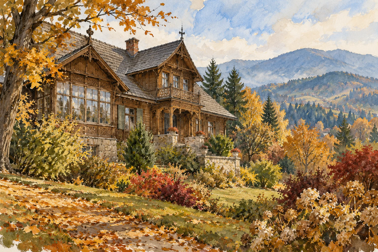 Współczesna stylizowana ilustracja drewnianej Fałatówki na tle Beskidów