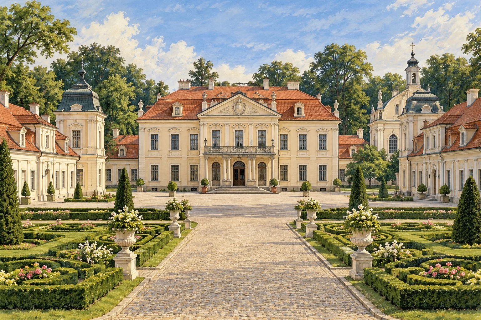 Stylizowana ilustracja pałacu Zamoyskich w Kozłówce