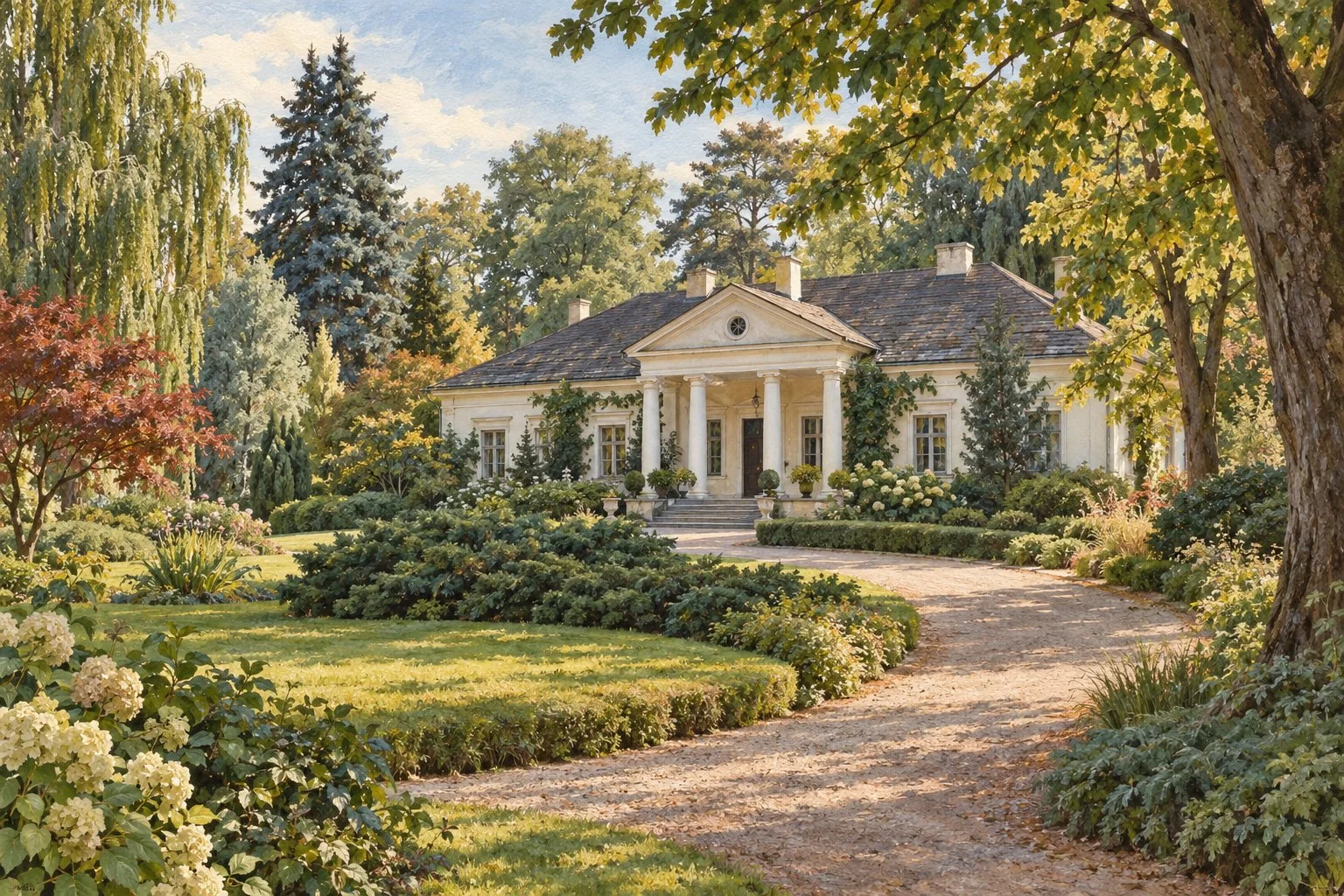 Stylizowana ilustracja dworu i arboretum w Lusławicach