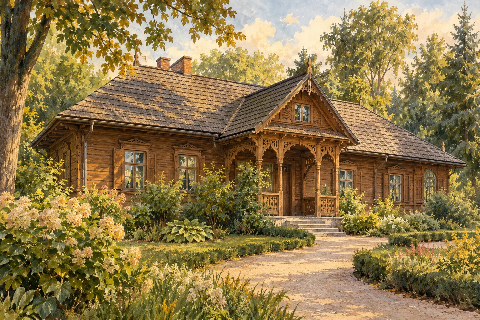 Współczesna stylizowana ilustracja drewnianej Chaty Stefana Żeromskiego w ogrodzie