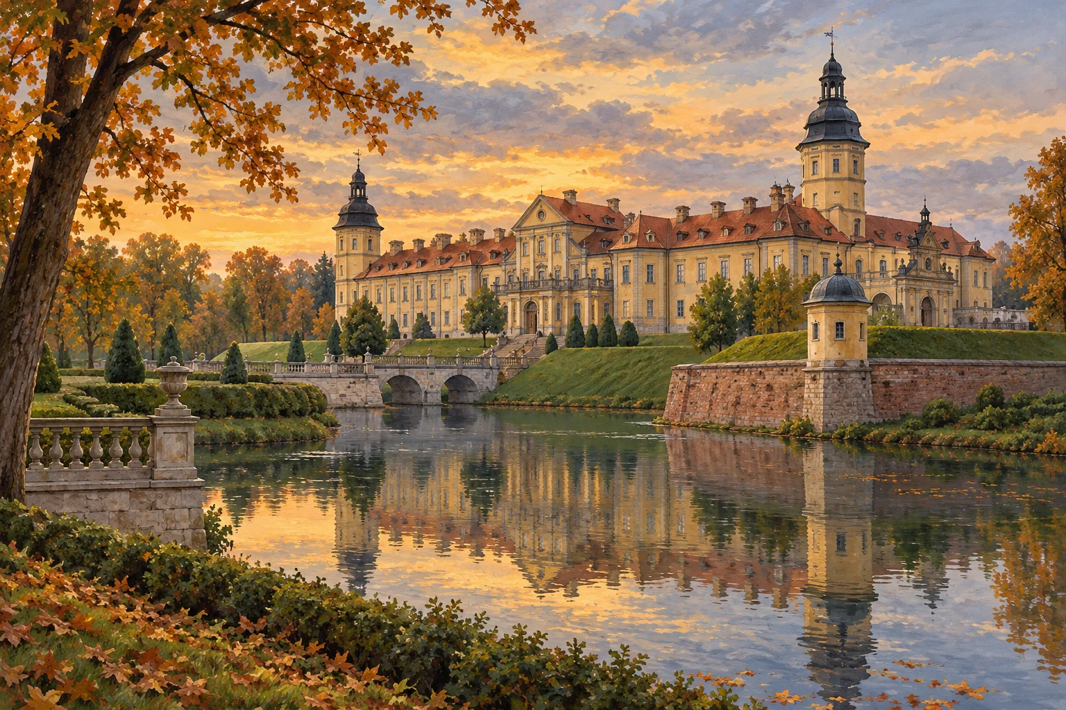 Współczesna stylizowana ilustracja rezydencji Radziwiłłów w Nieświeżu