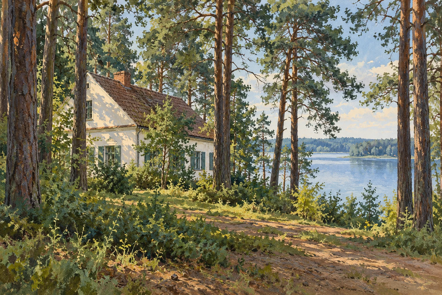 Współczesna stylizowana ilustracja leśniczówki Pranie pośród sosen nad Jeziorem Nidzkim