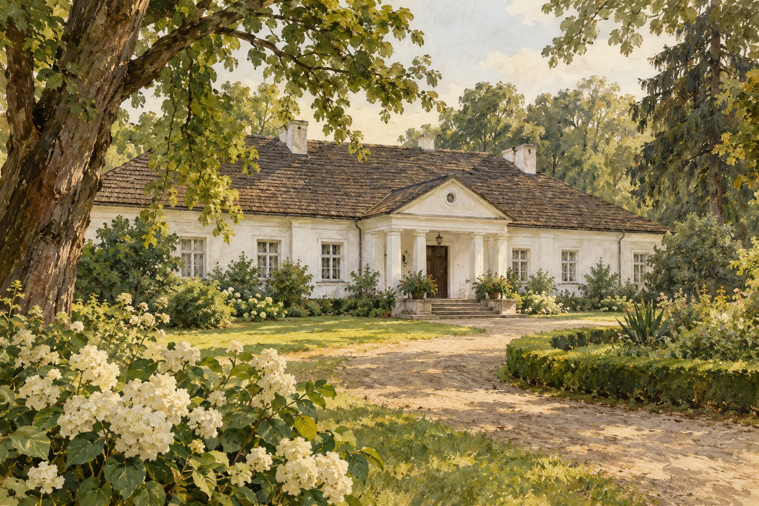Współczesna stylizowana ilustracja dworu Dembińskich w Przysusze