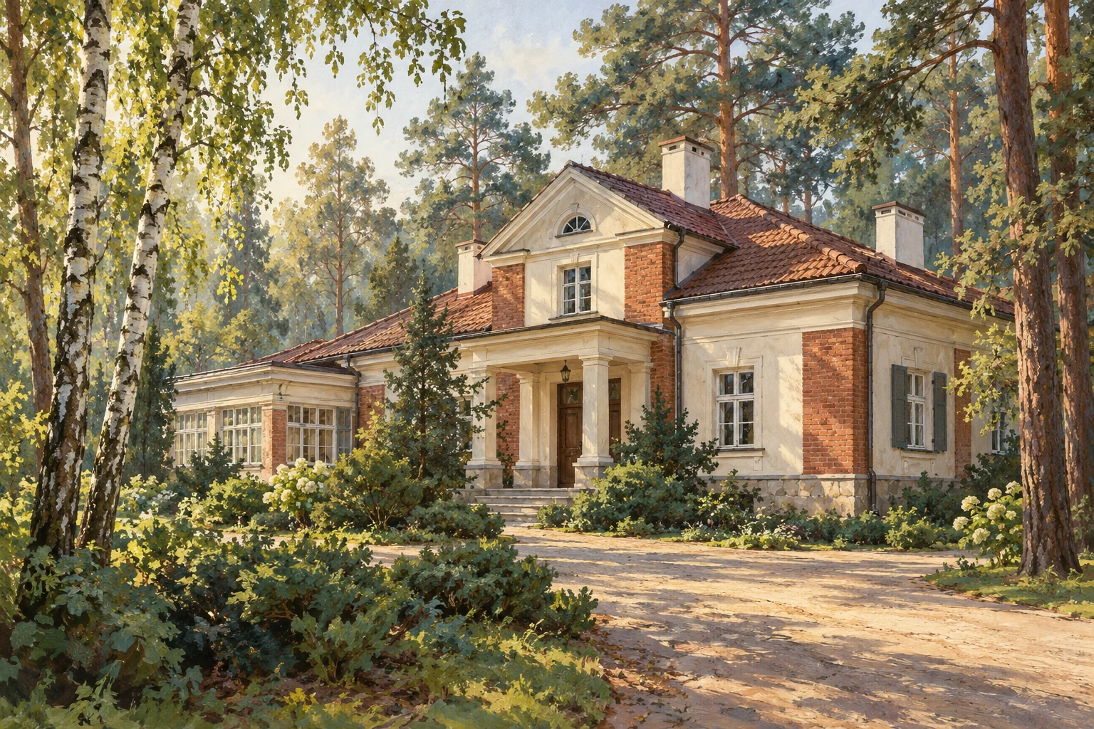 Współczesna stylizowana ilustracja dworku Milusin pośród sosen i brzóz