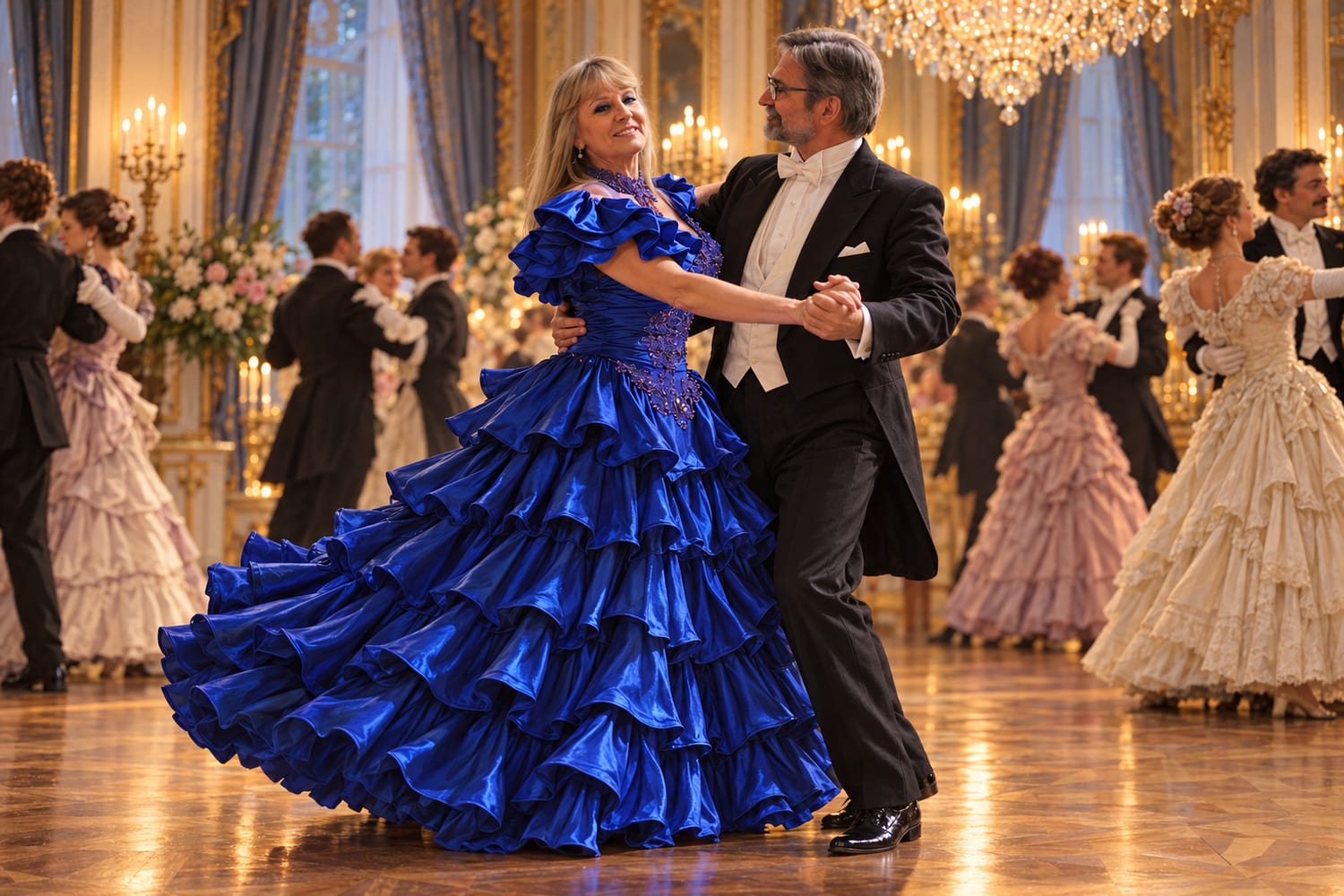 Aldona dancing with a grey-haired partner in a stylised ballroom