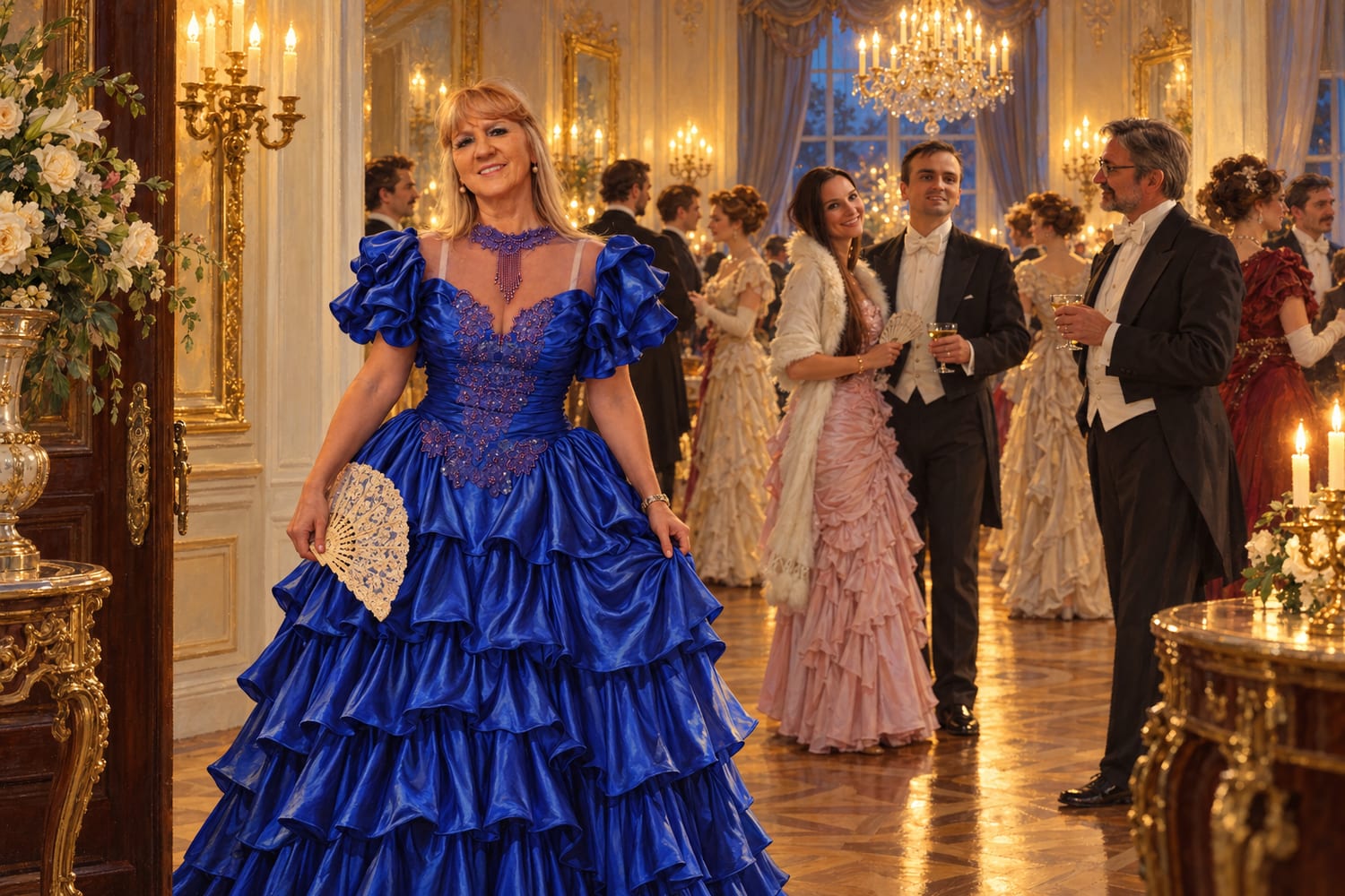 Aldona in a cobalt gown arriving at a stylised palace ball