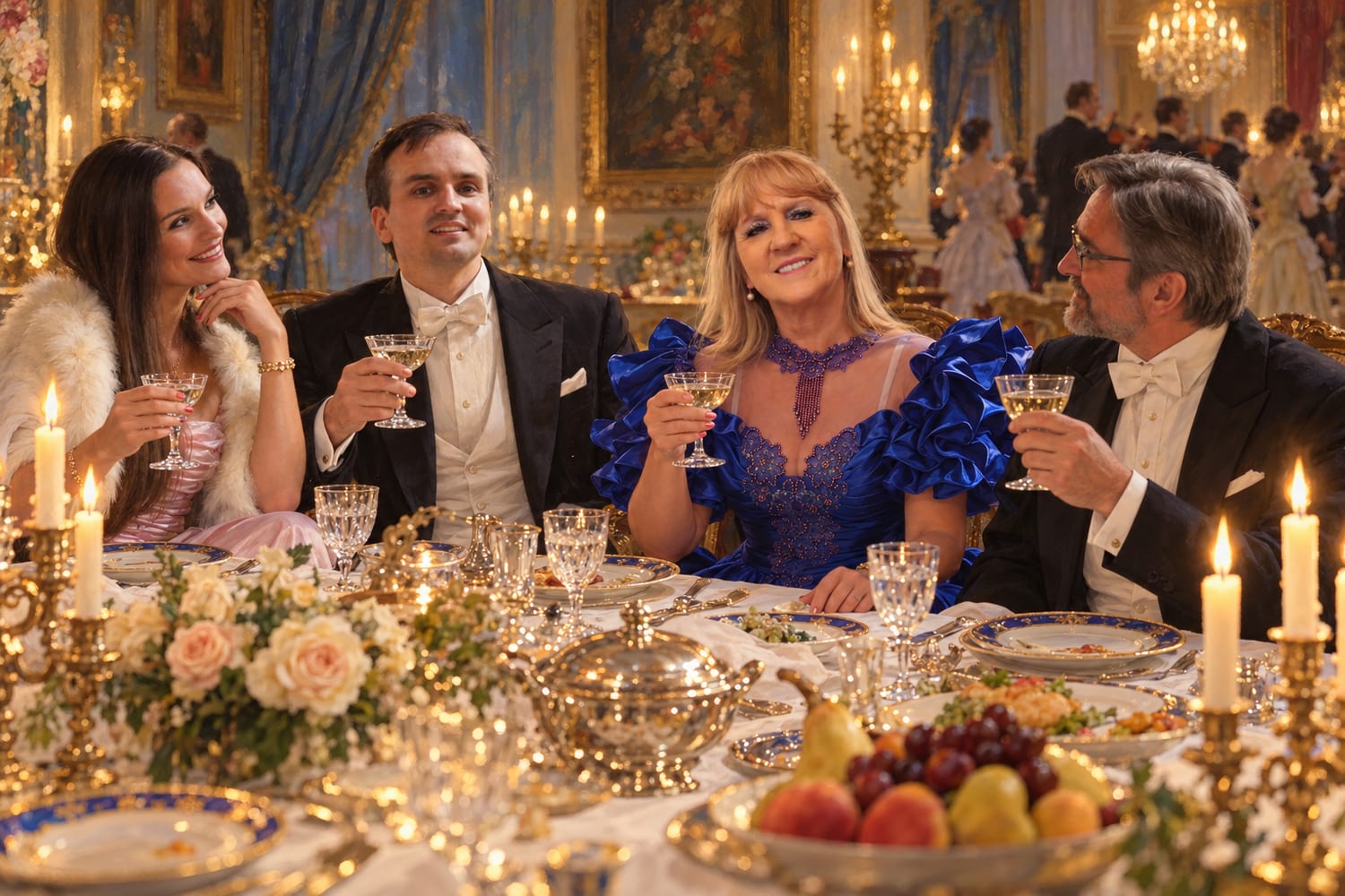 Four people at a stylised ball supper with Aldona in cobalt
