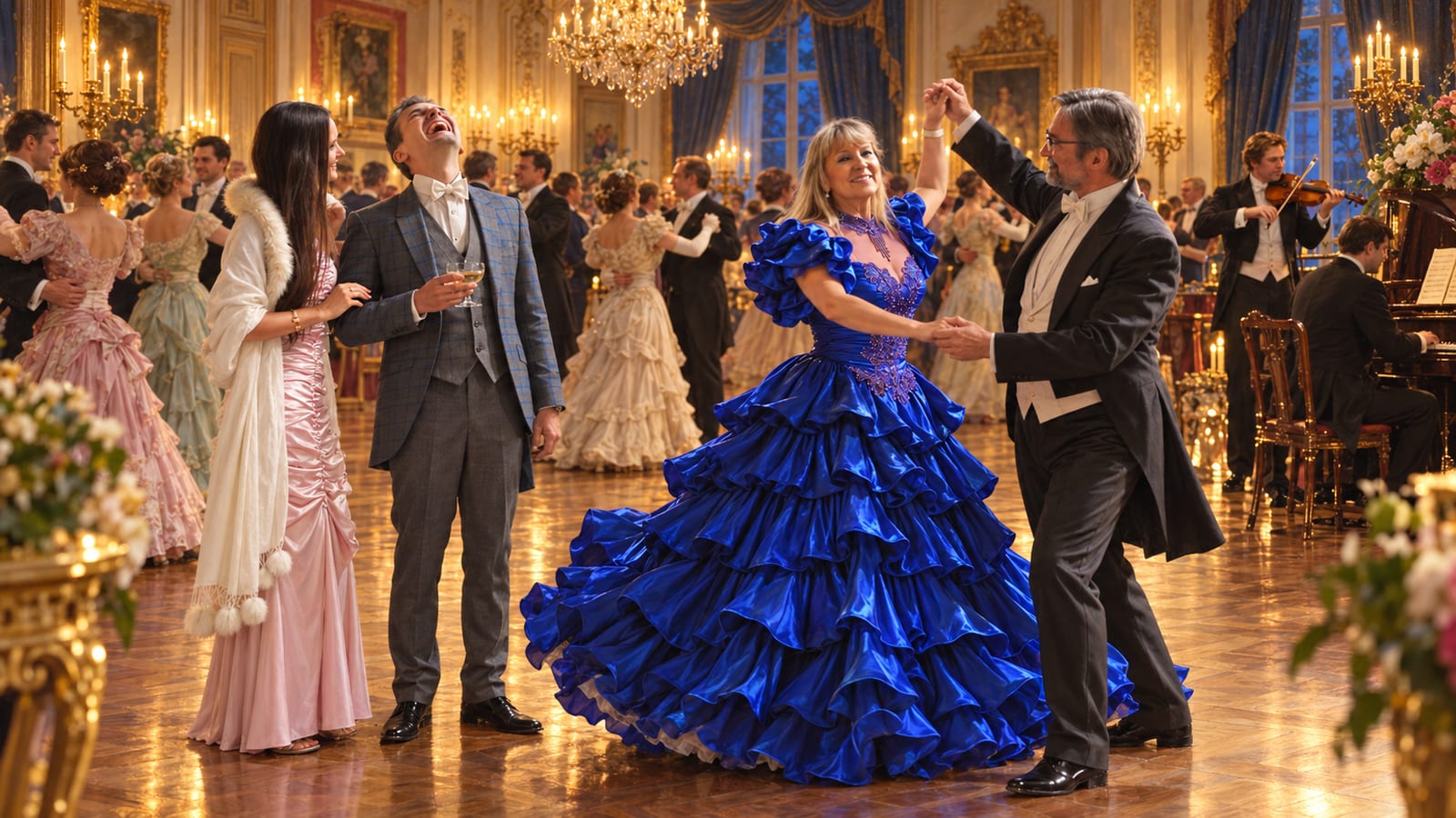 Panoramic stylised ball with Aldona, guests and musicians