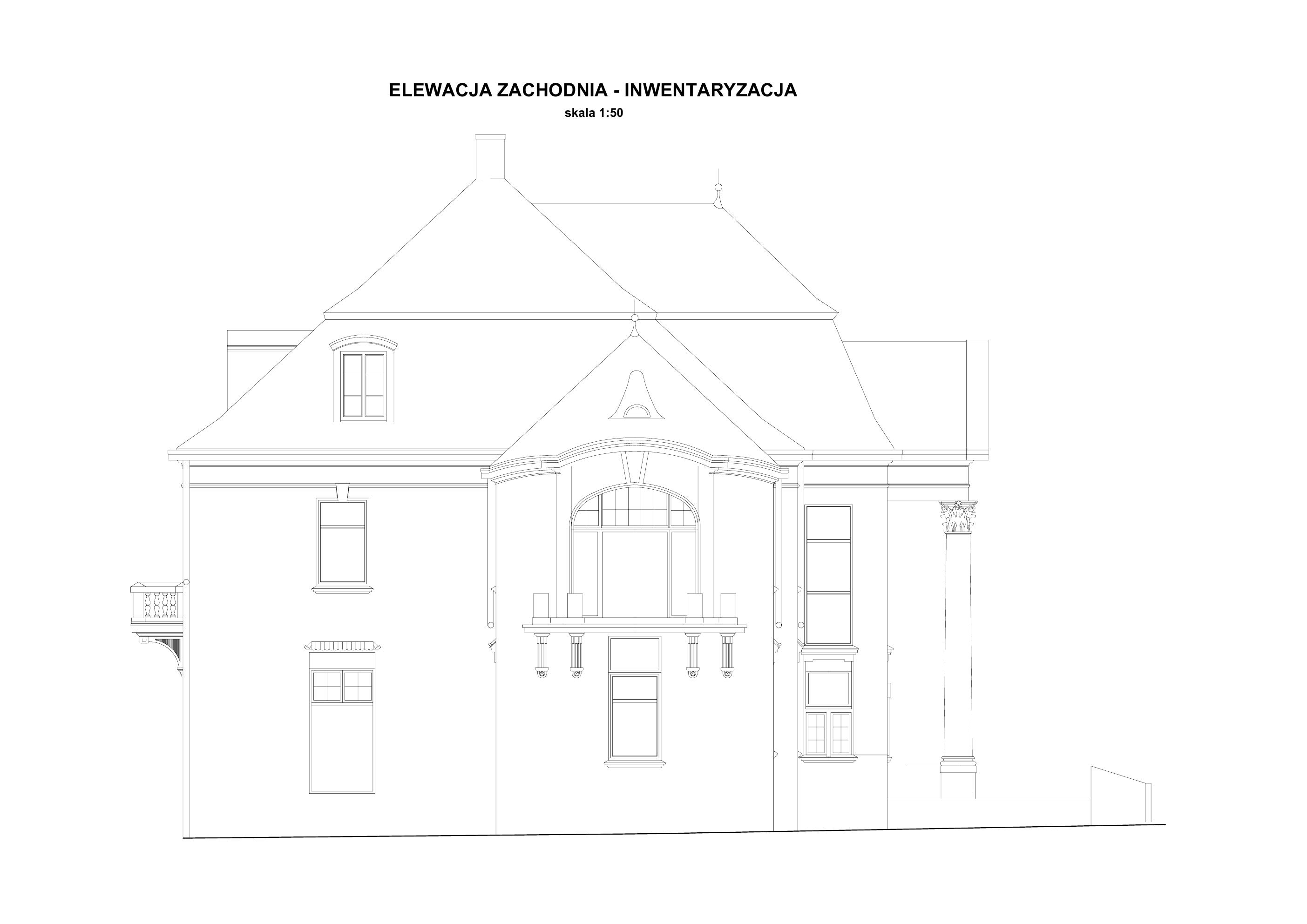 Rysunek inwentaryzacyjny elewacji zachodniej Pałacu