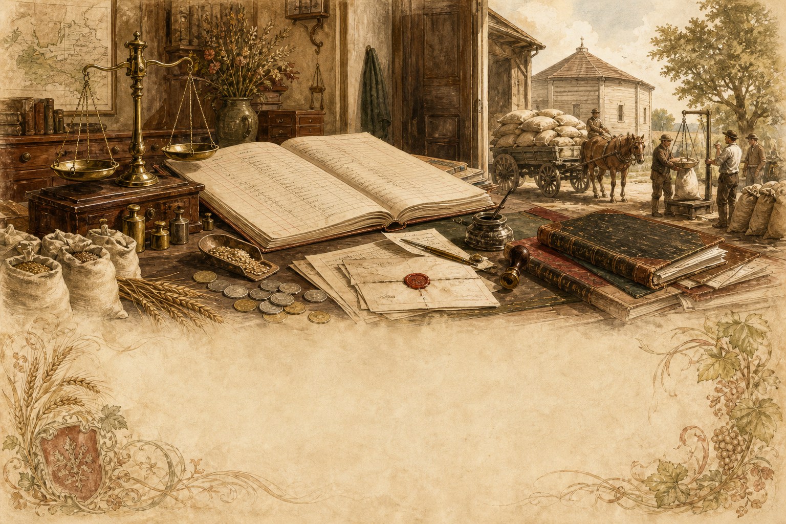 Stylizowana ilustracja księgi rachunkowej, wagi i handlu zbożem