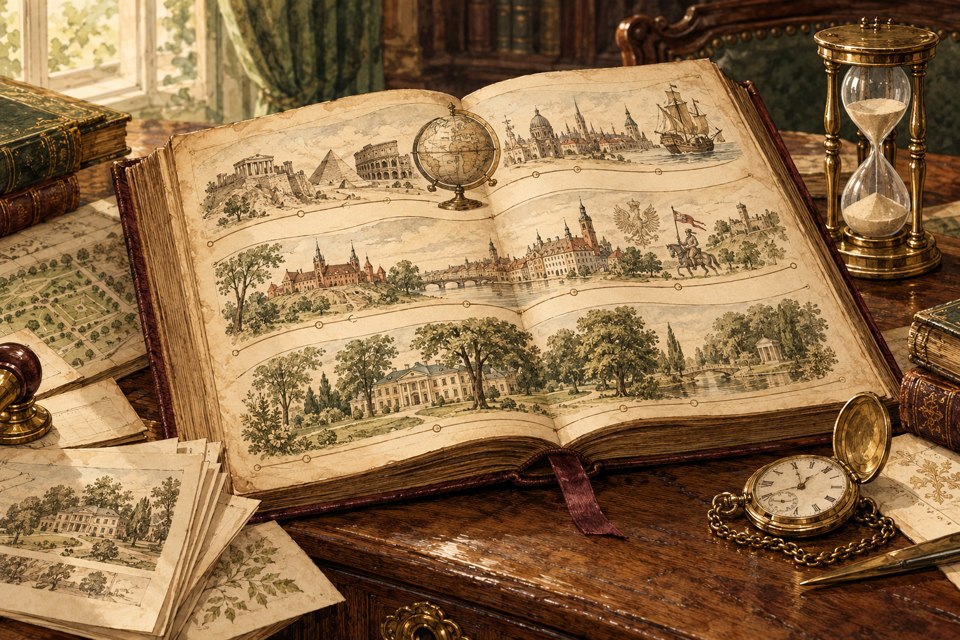 Ilustracja kalendarium: trzy pasma historii świata, Polski i Inczewa, klepsydra i zegarek