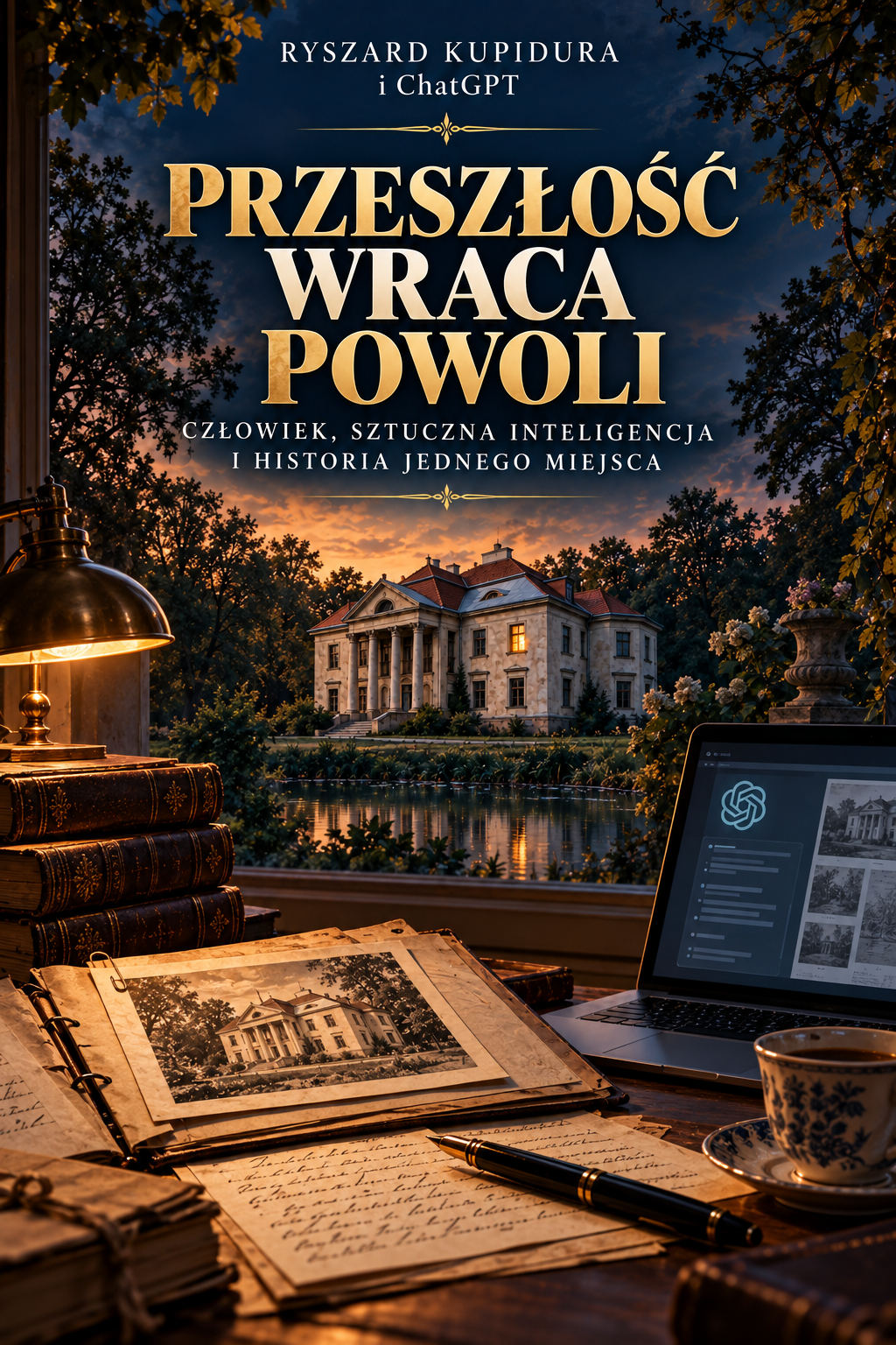 Strona tytułowa książki Przeszłość wraca powoli — nocny widok pałacu, archiwalne fotografie, dokumenty i komputer