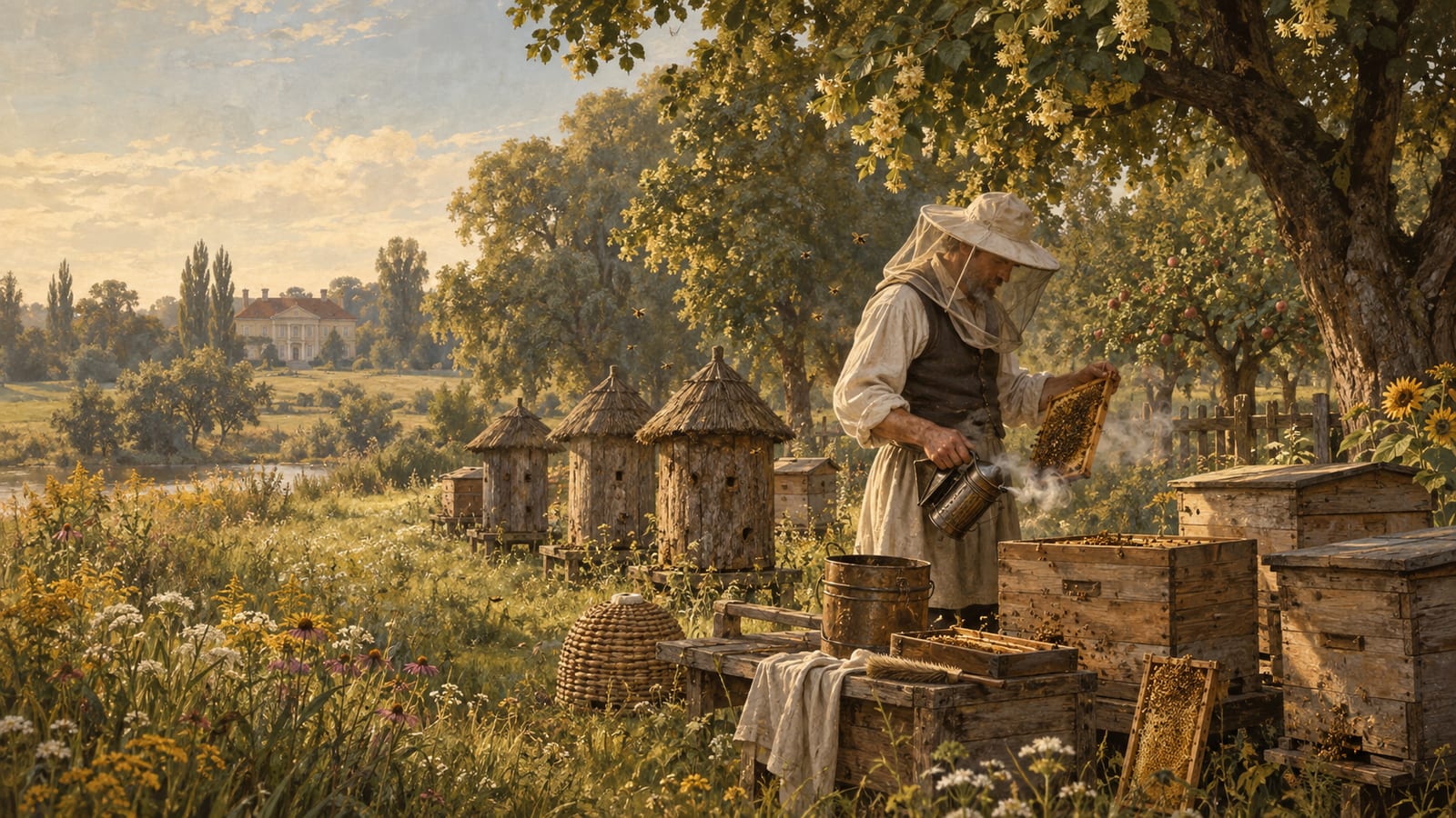 Stylizowana ilustracja dawnej pasieki dworskiej