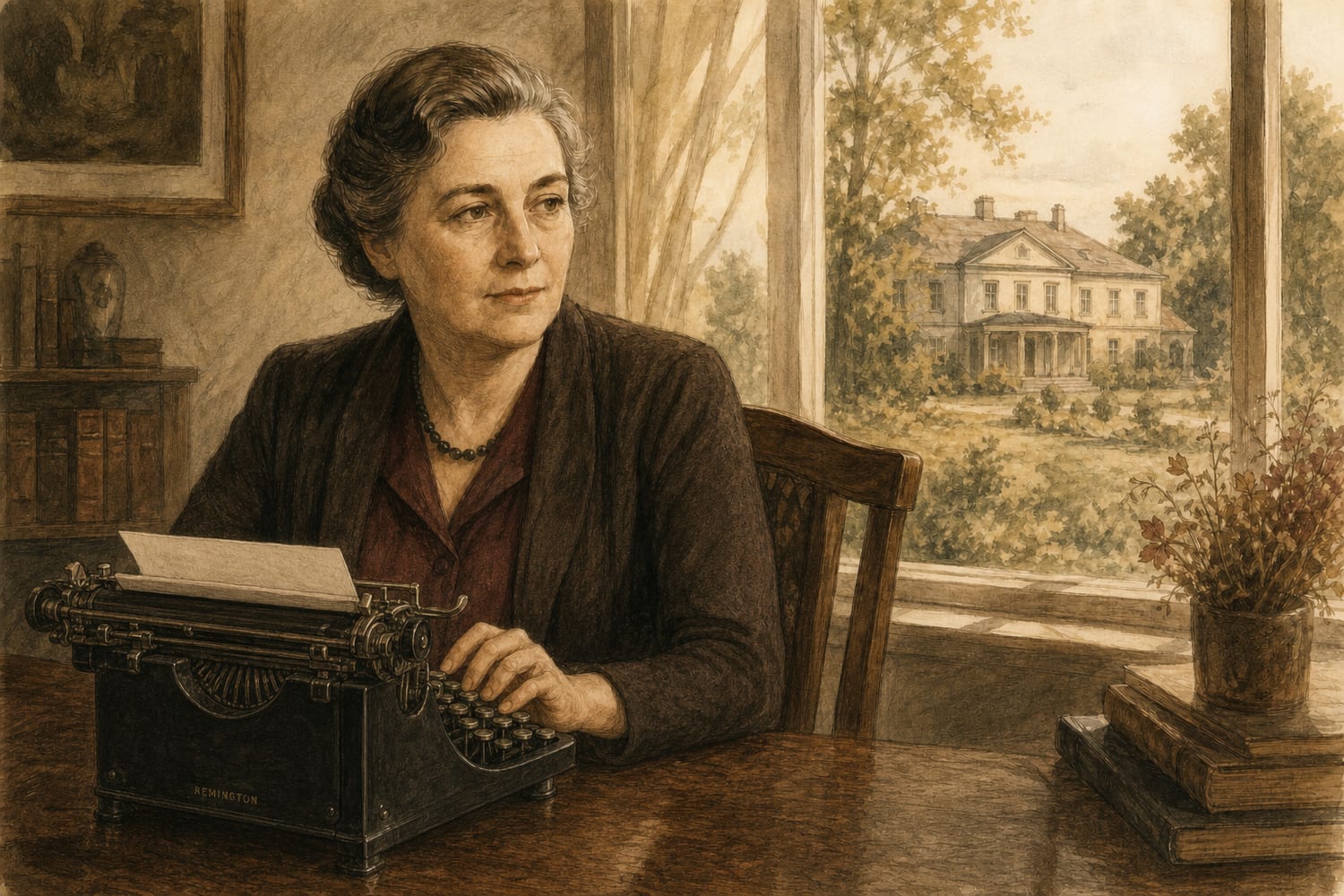 Stylizowany portret Marii Dąbrowskiej piszącej na starej maszynie Remington, z widokiem Russowa