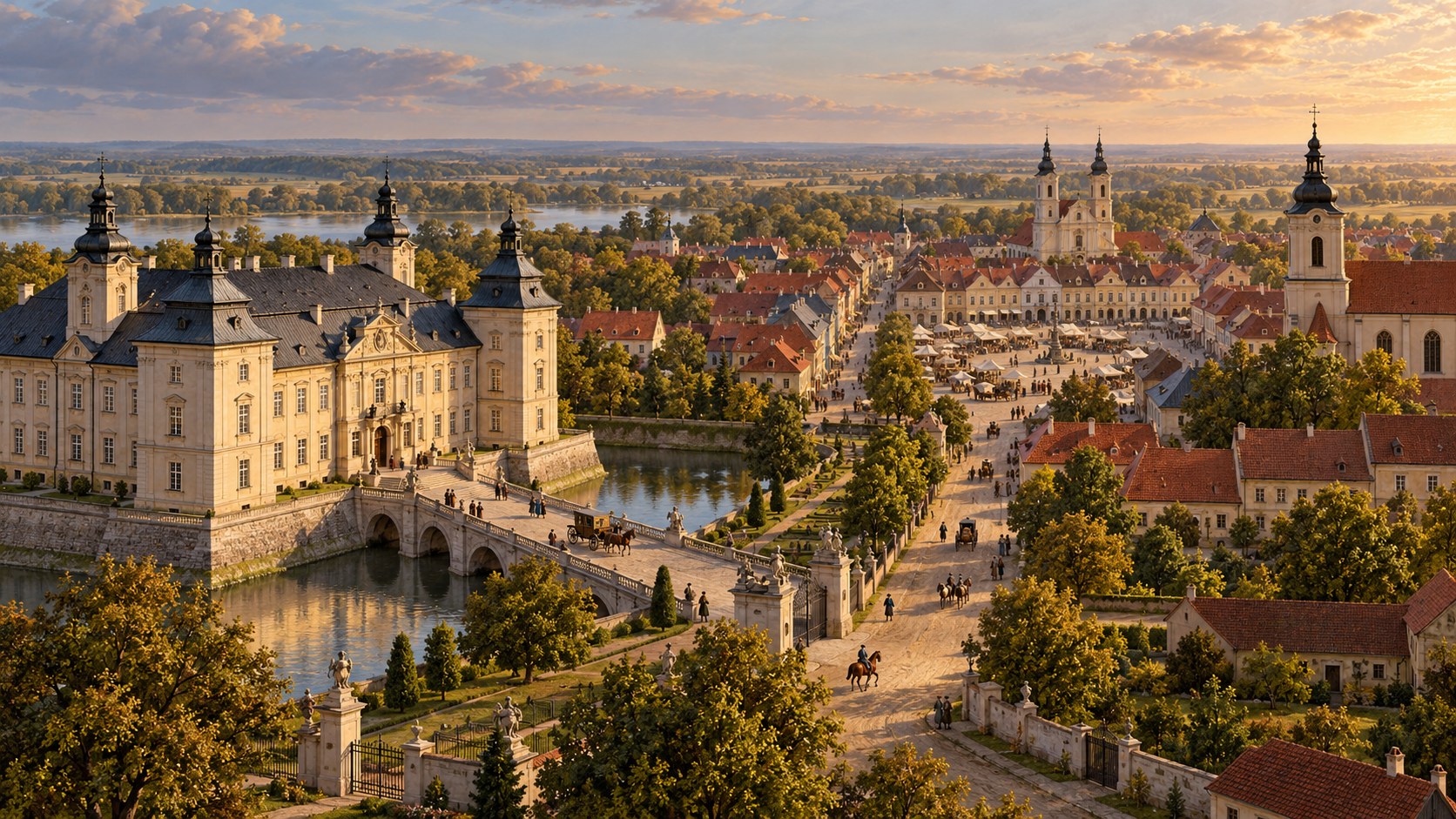 Stylizowana panorama Rydzyny pokazująca zamek, most, oś uliczną i rynek