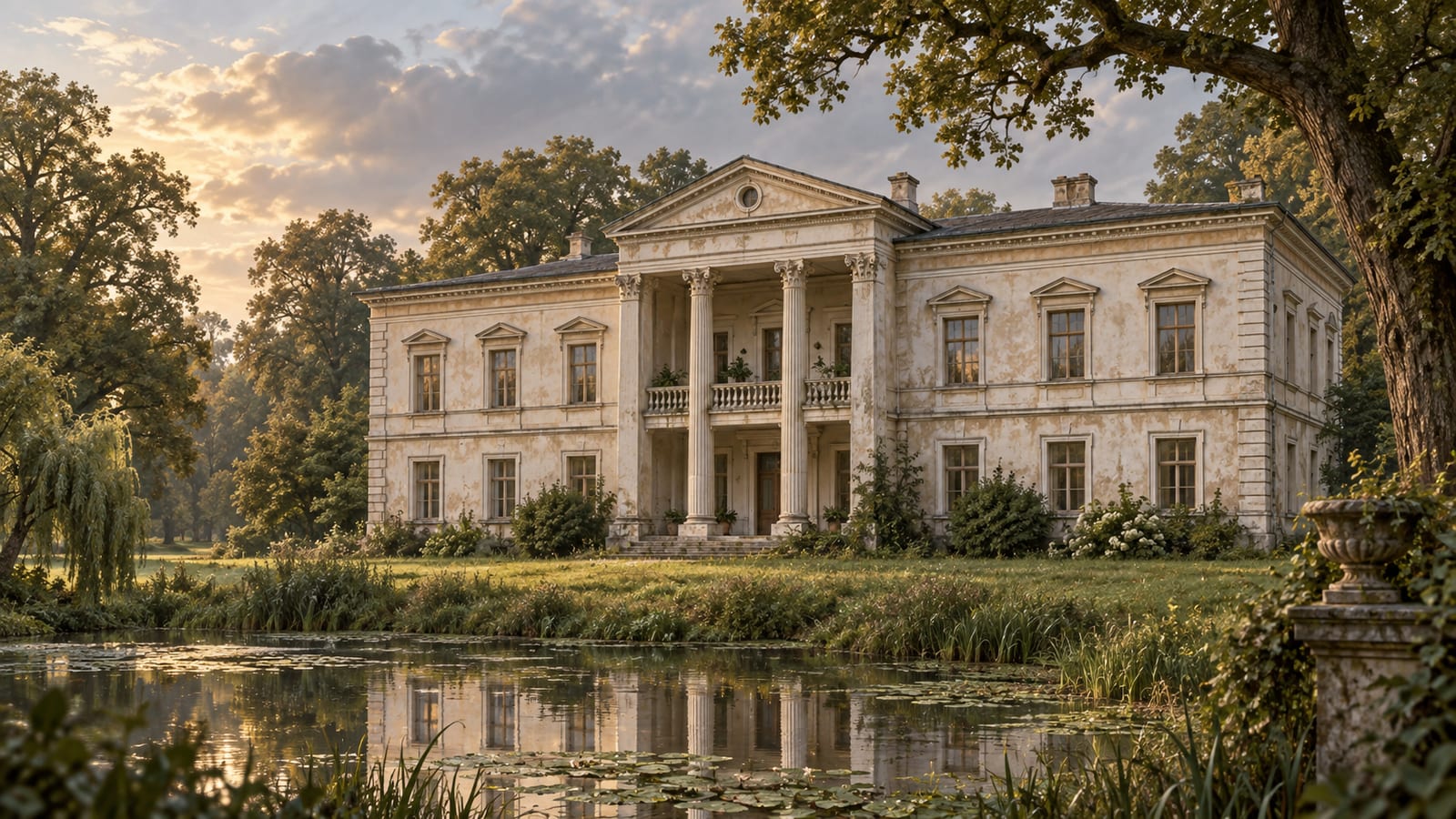 Artistic interpretation of the Neoclassical palace at Smardy Dolne, surrounded by its park and pond