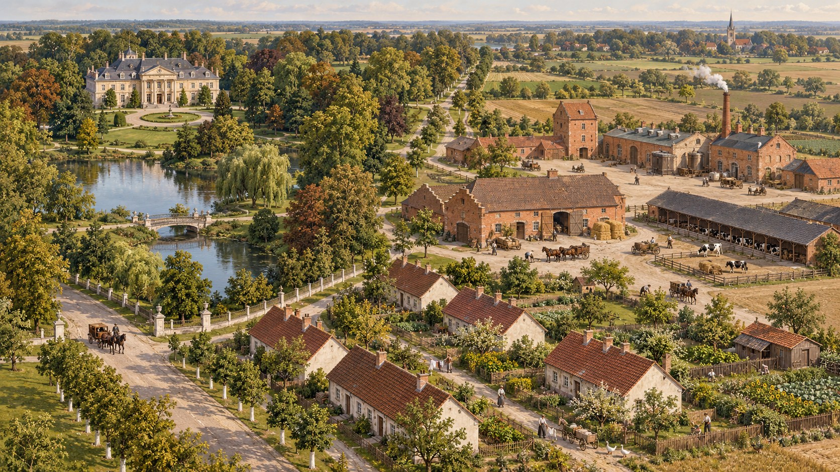 Stylizowana panorama Wąsowa z pałacem, parkiem, folwarkiem i domami pracowników