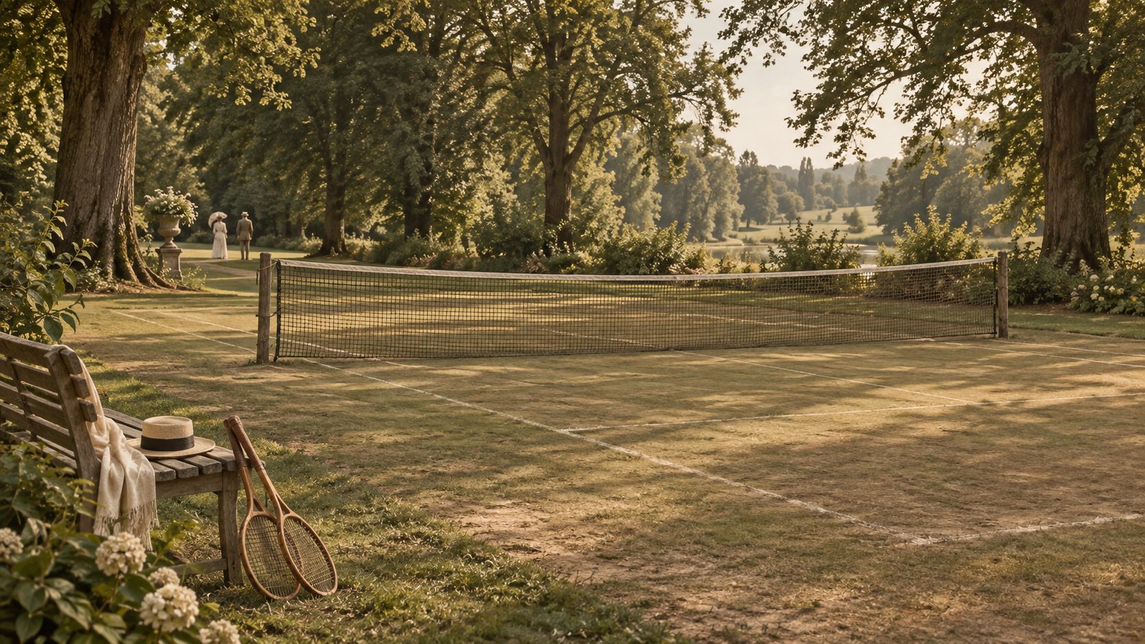 Hipotetyczna wizualizacja kortu tenisowego w parku majątku ziemiańskiego z początku XX wieku
