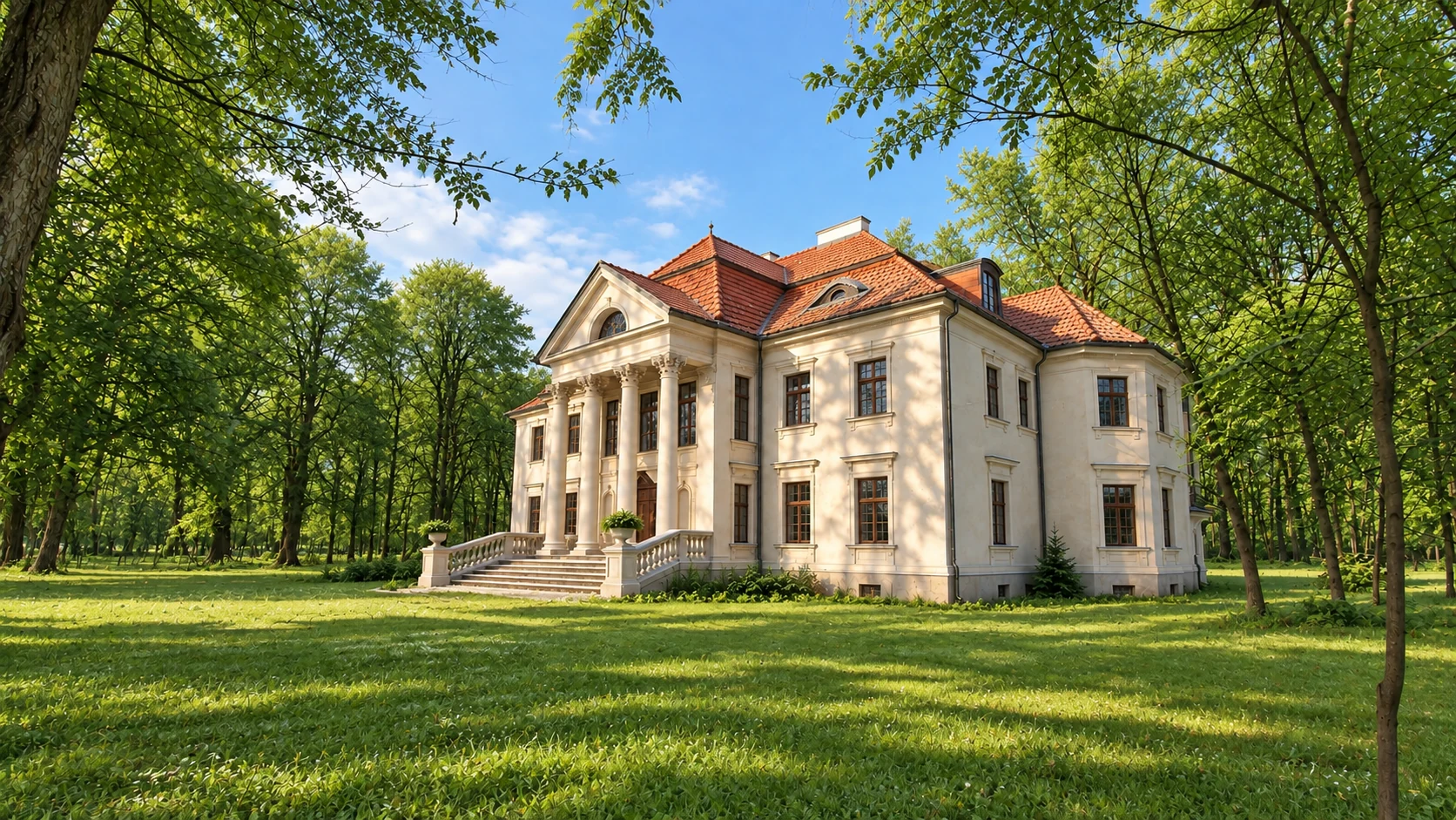 Wzorcowa, piętrowa sylwetka Pałacu Walewskich w Inczewie w scenerii letniej